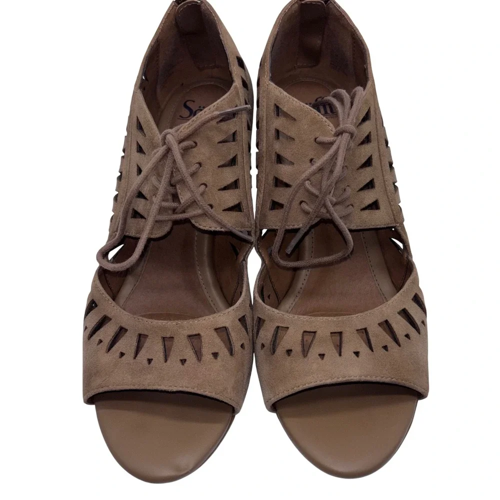 Sofft Womens 11 Taupe Suede Laser Cut Lace Up Wedge Sandals‎ Boho Chic